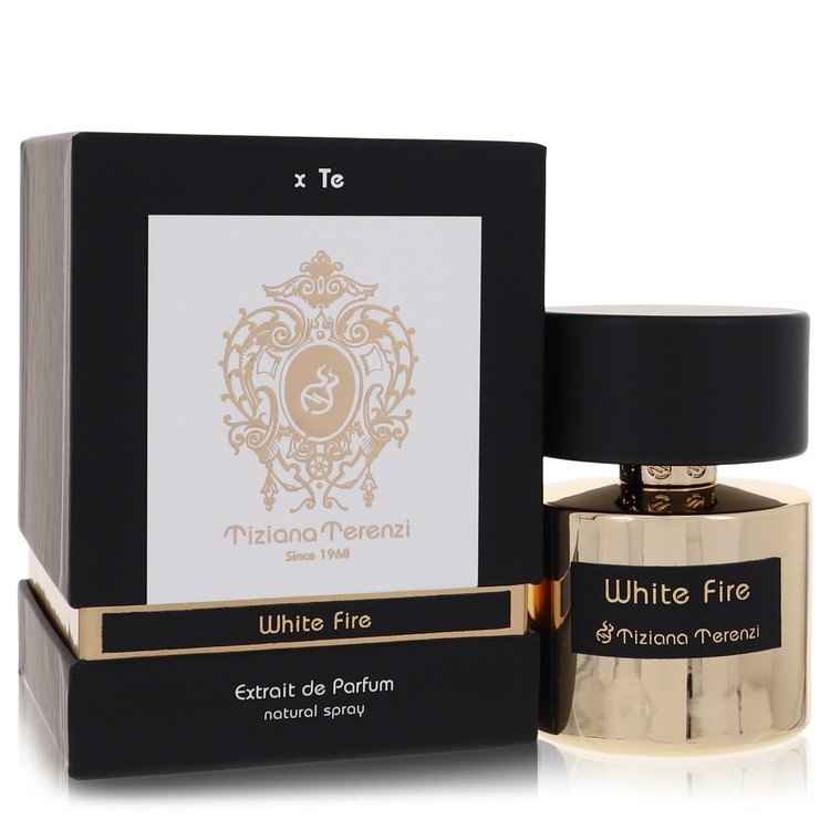 White Fire by Tiziana Terenzi perfume spray, 3.38 oz, unisex fragrance bottle with elegant white packaging.