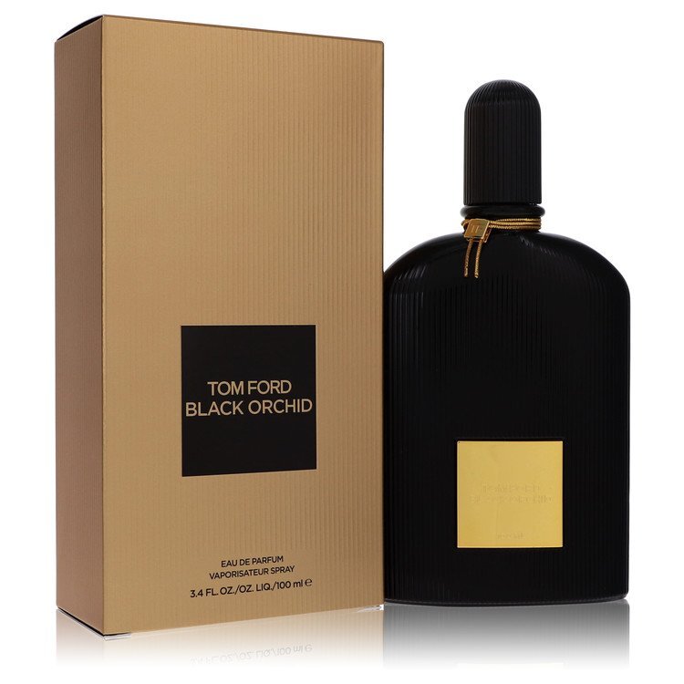 Black Orchid by Tom Ford 3.4 oz Eau De Parfum Spray bottle with elegant design against a dark background.