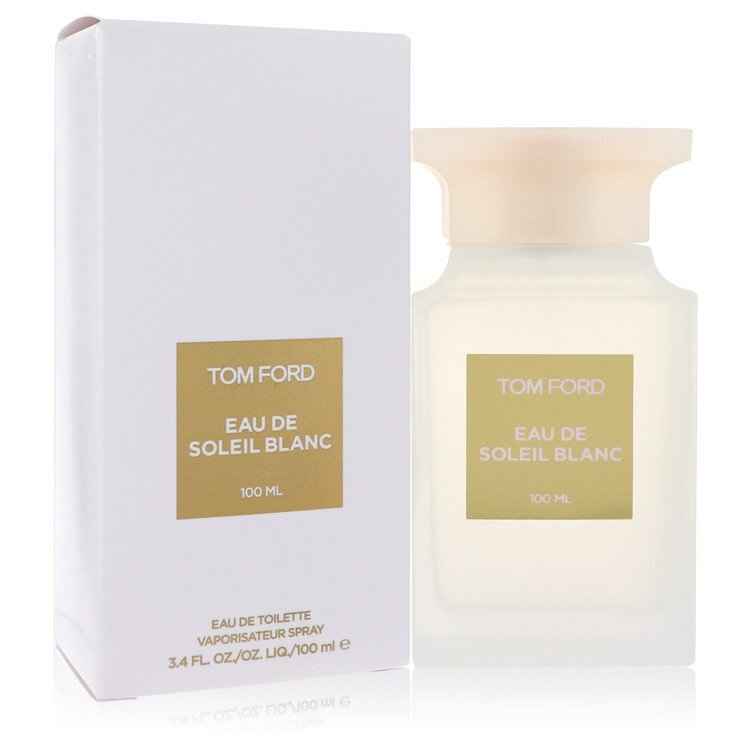Tom Ford Eau De Soleil Blanc Eau De Toilette spray for women, 3.4 oz bottle with elegant packaging visible.