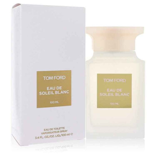 Tom Ford Eau De Soleil Blanc Eau De Toilette spray for women, 3.4 oz bottle with elegant packaging visible.