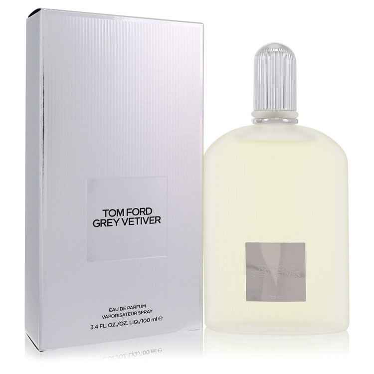 Grey Vetiver by Tom Ford Eau De Parfum spray for men, 3.4 oz, featuring a sleek bottle design and grey accents.