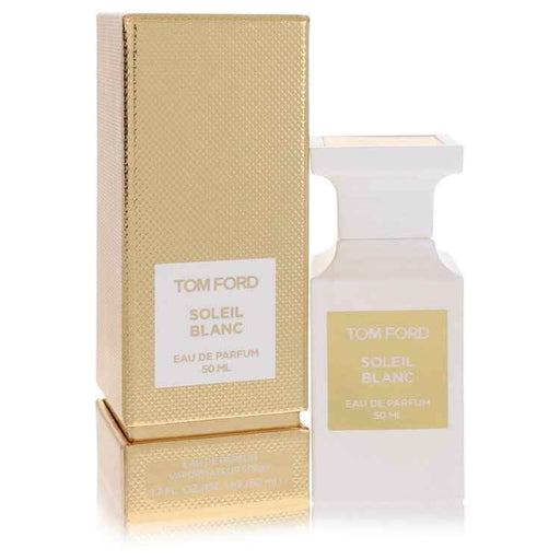 Tom Ford Soleil Blanc Eau De Parfum spray for women, 1.7 oz, featuring a sleek bottle with gold accents and a luxurious fragrance design.