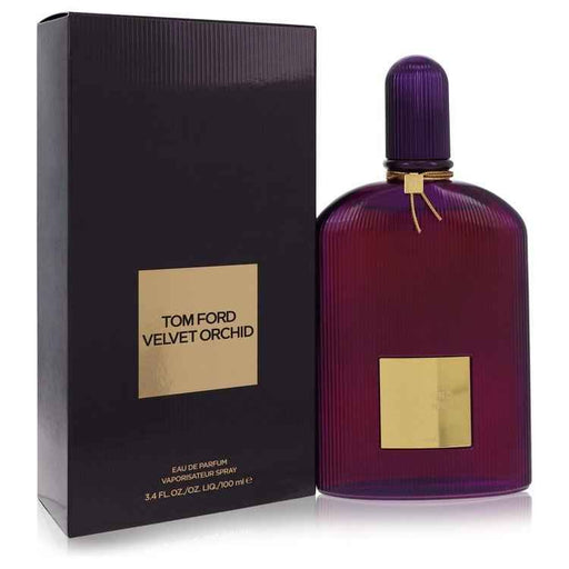 Velvet Orchid by Tom Ford Eau de Parfum spray 3.4 oz for women, elegant glass bottle with gold accents and floral design.