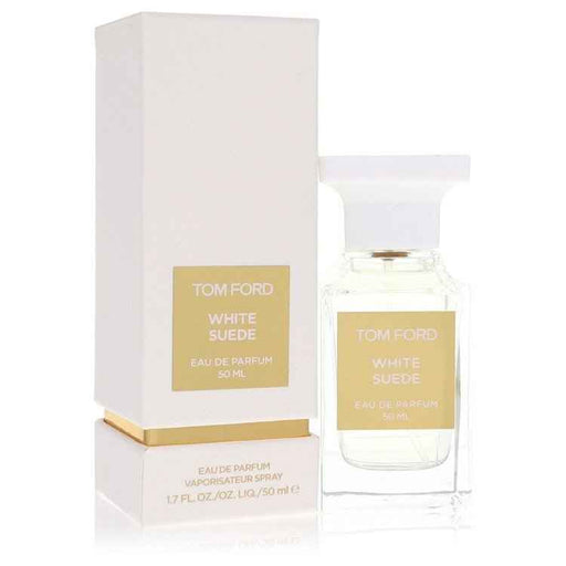 White Suede by Tom Ford Eau De Parfum spray 1.7 oz for women and unisex, featuring a sleek white bottle and elegant design.