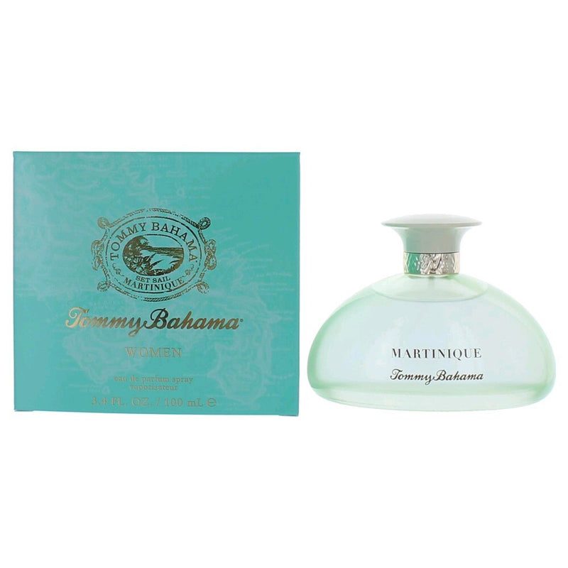 Tommy Bahama Set Sail Martinique 3.4 oz Eau De Parfum Spray for women, featuring a floral and citrus fragrance with a decorative bottle.