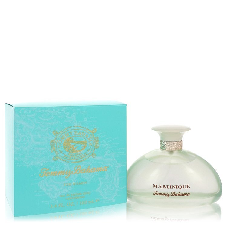 Tommy Bahama Set Sail Martinique Eau De Parfum Spray 3.4 oz bottle with tropical design and floral accents.