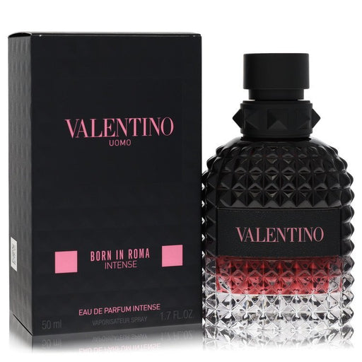 Valentino Uomo Born in Roma Intense Eau de Parfum spray for men, 1.7 oz bottle, with sleek black and gold packaging.