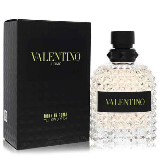 Valentino Uomo Born In Roma Yellow Dream Eau De Toilette spray for men, 3.4 oz, with yellow and black packaging and fragrance bottle