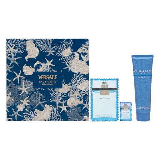 Versace Eau Fraîche 3-piece gift set for men, including fragrance bottles and accessories, in a sleek packaging.
