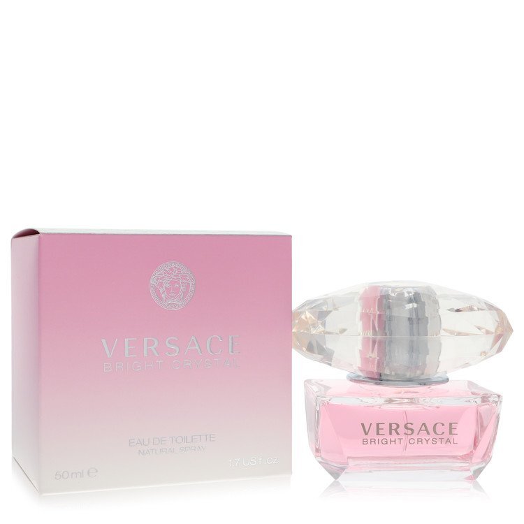 Versace Bright Crystal Eau De Toilette Spray 1.7 oz bottle with elegant pink liquid and signature branding.