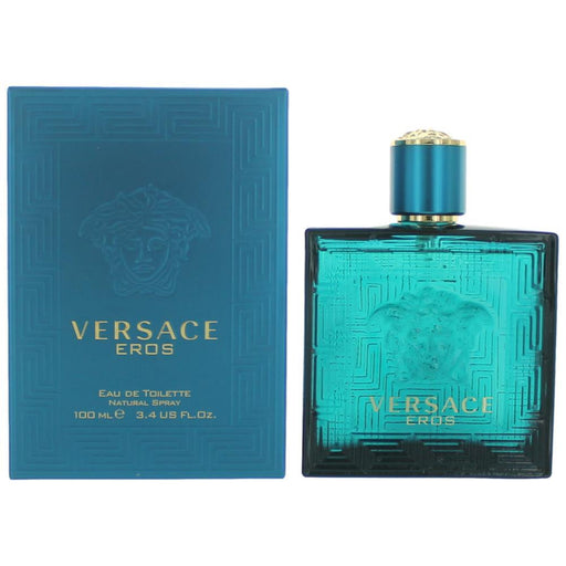Eros by Versace men's 3.4 oz Eau De Toilette spray bottle with sleek design and Versace branding.