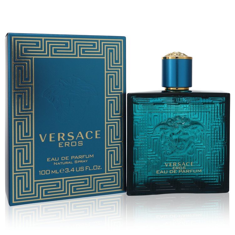 Eros by Versace Eau De Parfum Spray 3.4 oz bottle with a deep blue design and iconic Greek-inspired cap.