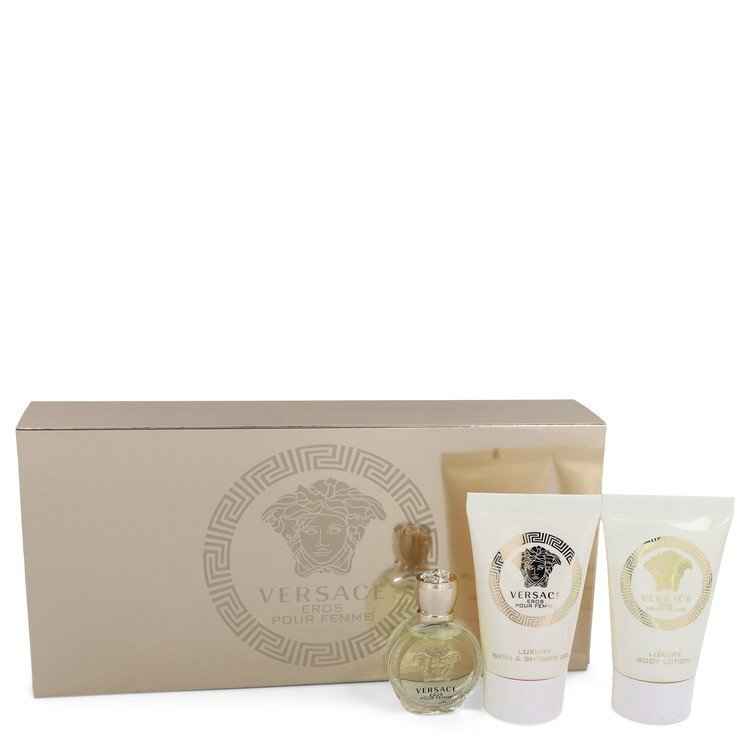 Eros by Versace women’s gift set including perfume and body lotion, elegant packaging with Versace branding and gold accents.