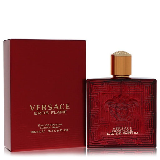 Eros Flame by Versace men's Eau de Parfum spray, 3.4 oz bottle, featuring black and gold design with a sleek shape.