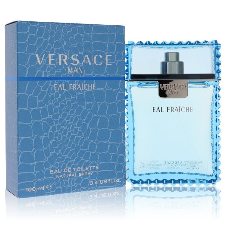 Versace Man Eau Fraiche Eau de Toilette spray for men in blue bottle, 3.4 oz, featuring sleek design and masculine fragrance.