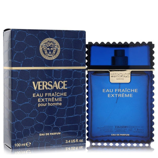 Versace Man Eau Fraiche Extreme Eau de Parfum spray for men, 3.4 oz, featuring sleek bottle design and fragrance details.