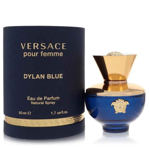 Versace Pour Femme Dylan Blue Eau de Parfum spray for women, 1.7 oz, featuring elegant bottle design and floral fragrance accents.