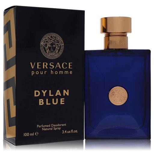 Versace Pour Homme Dylan Blue deodorant spray for men, 3.4 oz, featuring sleek packaging and brand logo.