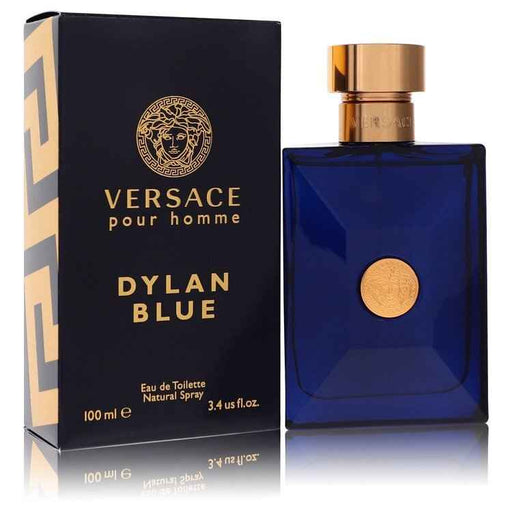 Versace Pour Homme Dylan Blue Eau de Toilette spray for men in a 3.4 oz bottle, featuring a sleek design and blue accents.