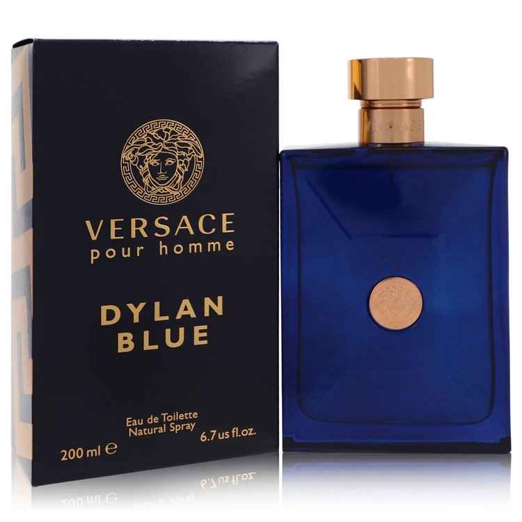 Versace Pour Homme Dylan Blue Eau de Toilette spray for men, 6.7 oz bottle with sleek design and Versace branding.