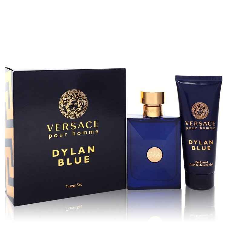 Versace Pour Homme Dylan Blue gift set for men with fragrance bottles and grooming accessories, featuring Versace branding.