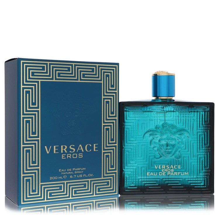 Versace Eros Eau De Parfum Spray 6.8 oz for men, featuring a bold blue bottle with Greek key design and iconic branding.