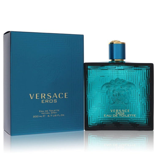 Versace Eros by Versace men's Eau De Toilette spray bottle, 6.7 oz, featuring the iconic packaging and branding.