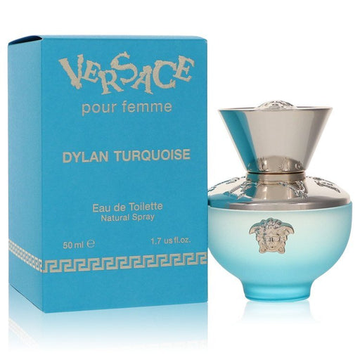 Versace Pour Femme Dylan Turquoise Eau de Toilette spray for women, 1.7 oz bottle with turquoise-colored packaging and elegant design.
