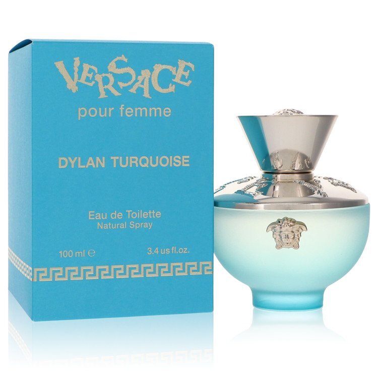 Versace Pour Femme Dylan Turquoise eau de toilette spray for women, 3.4 oz bottle with turquoise accents and elegant design.