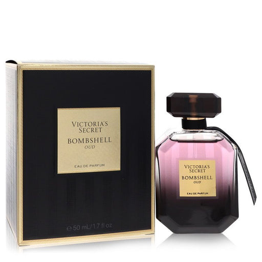 Victoria's Secret Bombshell Oud Eau de Parfum spray for women, 1.7 oz, featuring elegant bottle design and luxurious scent.