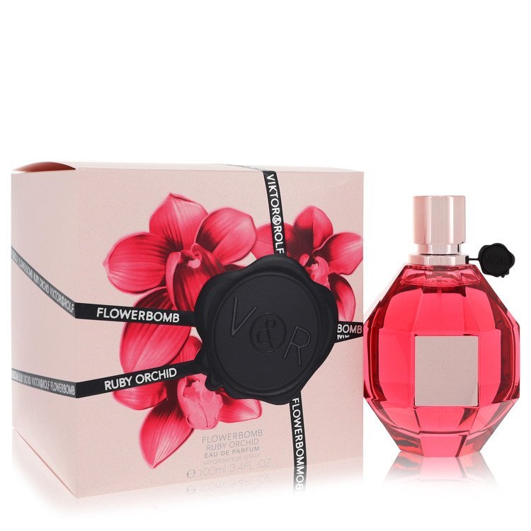 Viktor & Rolf Flowerbomb Ruby Orchid Eau de Parfum spray for women, 3.4 oz, featuring a floral perfume bottle with a ruby-colored design.