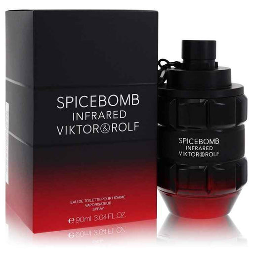 Viktor & Rolf Spicebomb Infrared Eau De Toilette spray for men, 3 oz bottle, featuring sleek packaging and branding.