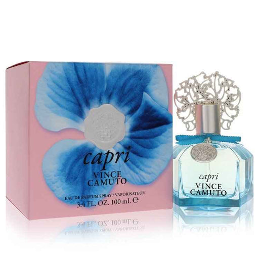 Vince Camuto Capri Eau De Parfum spray for women, 3.4 oz bottle with elegant glass design and floral accents.