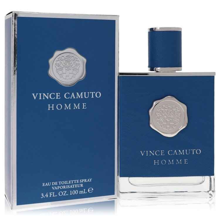 Vince Camuto Homme Eau De Toilette spray 3.4 oz for men, with a sleek bottle and elegant design visible in the image.