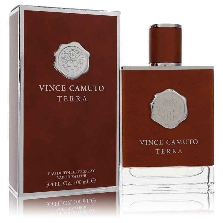 Vince Camuto Terra Eau De Toilette spray for men, 3.4 oz, with sleek bottle design and dark-colored cap.