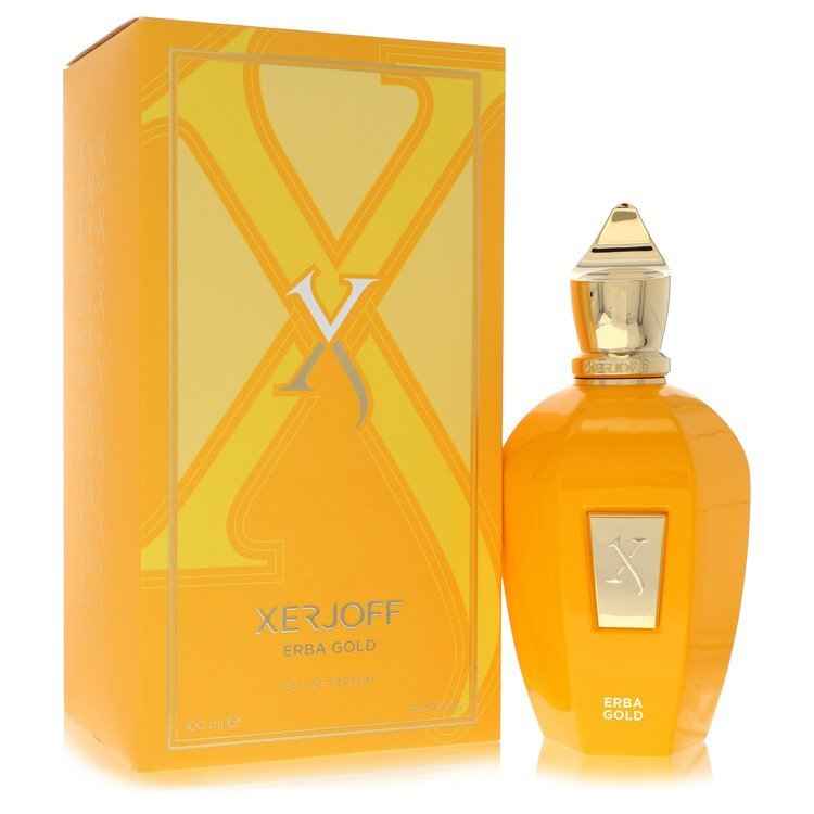 Xerjoff Erba Gold Eau de Parfum spray for women and unisex, 3.4 oz bottle with elegant packaging and gold accents.