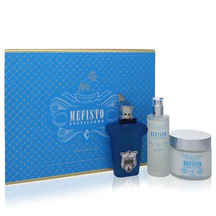 Xerjoff Mefisto Gentiluomo men's gift set with fragrance bottles and accessories, elegant packaging for sophisticated style.