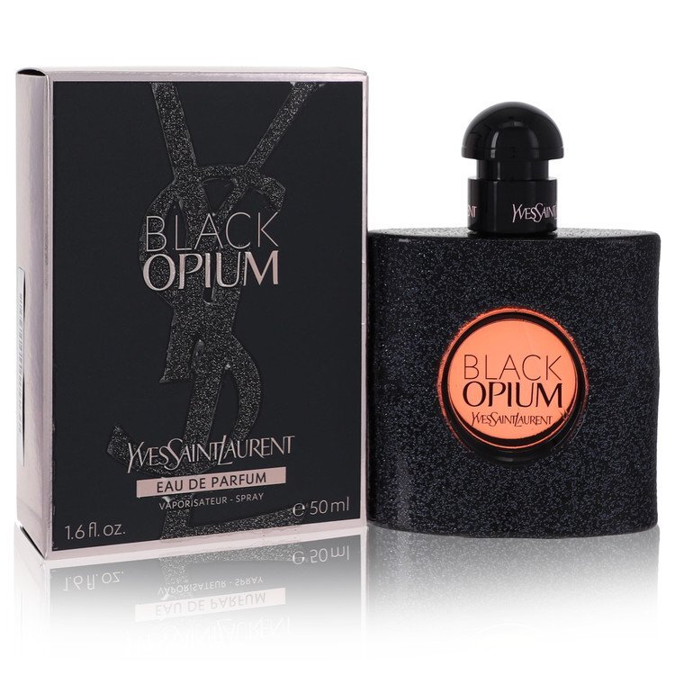 Black Opium Yves Saint Laurent Eau de Parfum spray for women, 1.7 oz bottle with black packaging and gold accents.