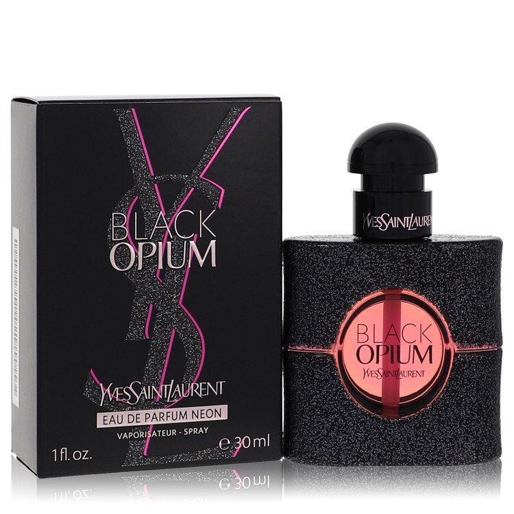 Yves Saint Laurent Black Opium Neon Eau De Parfum spray for women, 1 oz bottle with black and neon pink packaging.