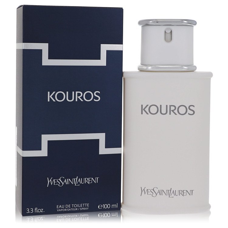 Yves Saint Laurent Kouros Eau de Toilette spray 3.4 oz for men, featuring a sleek glass bottle and classic design.