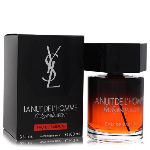 Yves Saint Laurent La Nuit De L'Homme Eau De Parfum spray for men, 3.3 oz bottle, featuring sleek packaging and dark design.