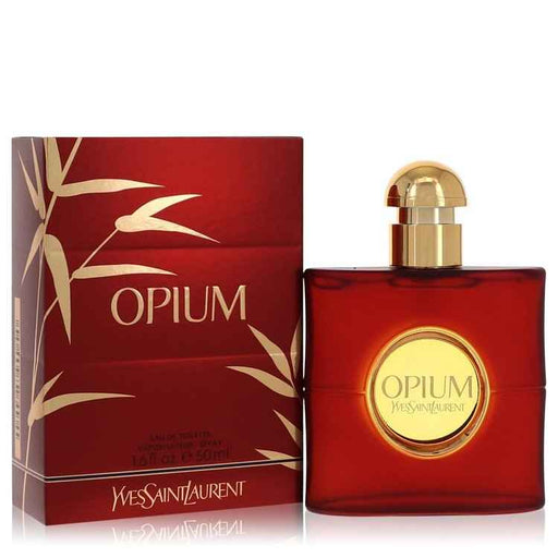 Yves Saint Laurent Opium Eau De Toilette spray for women, 1.6 oz bottle with new packaging, elegant fragrance bottle.