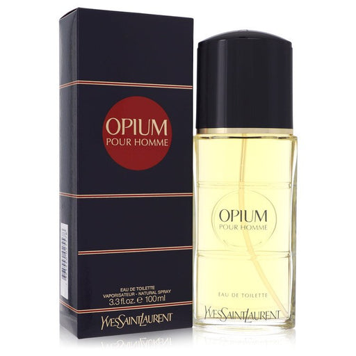 Yves Saint Laurent Opium Eau de Toilette Spray for Men, 3.3 oz bottle with dark glass and gold accents.